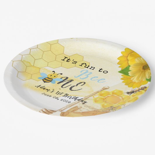 Niedlicher süßer Gelber Honig Es ist ein 1. Geburt Pappteller (Schrägansicht)