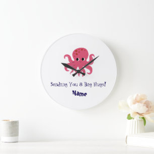 Niedlicher süßer rosa Oktopus Kawaii Illustration Große Wanduhr