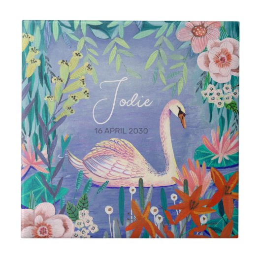 Niedlicher Swan Bird Elegant Blue & Pink Baby Dusc Fliese (Vorderseite)
