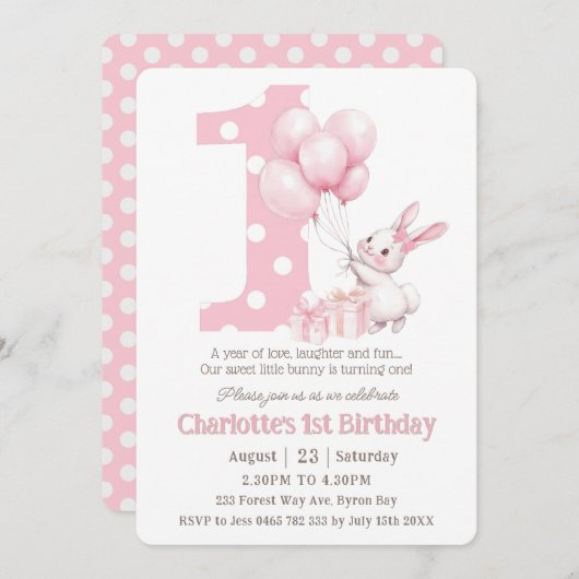 Niedlicher Sweet Bunny Rabbit Pink Dots Eins 1. Ge Einladung (Vorne/Hinten)
