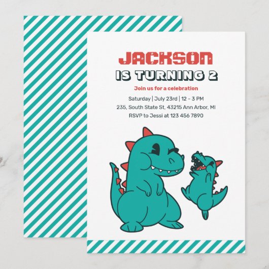 Niedlicher T-rex Baby Dinosaurier und Mama Kinderg Einladung (Vorne/Hinten)