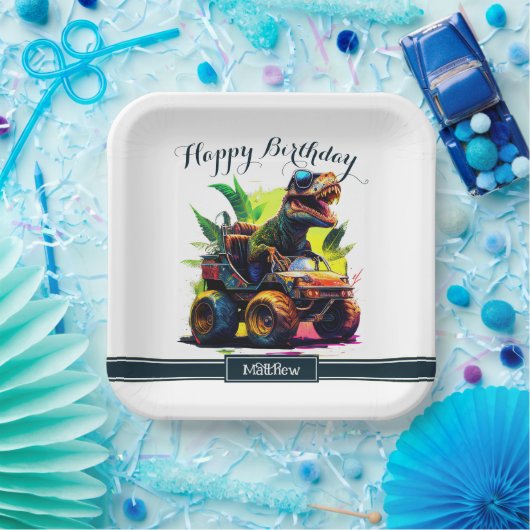 Niedlicher T-Rex Reitmonster Truck Dinosaur Geburt Pappteller (Party)