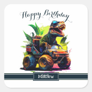 Niedlicher T-Rex Reitmonster Truck Dinosaur Geburt Quadratischer Aufkleber