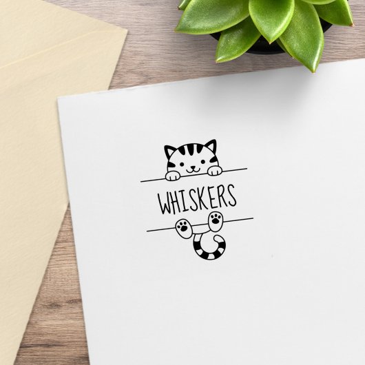 Niedlicher Tabby Cat Peeking Individuelle Name 1x1 Gummistempel