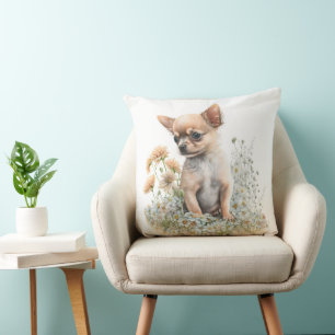 NIEDLICHER TAN CHIHUAHUA PUPPY HUND & WILDBLUMEN KISSEN