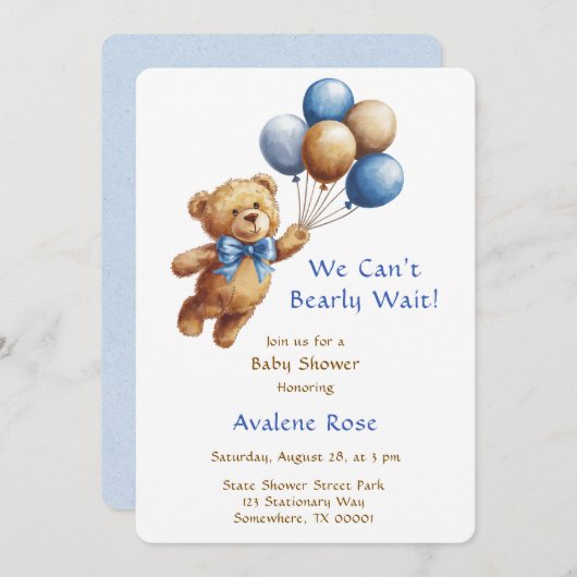 Niedlicher Tan Teddy Bear mit Balloons Boy Baby Du Einladung (Vorne/Hinten)