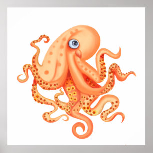 Niedlicher Tangerinen-Oktopus mit Blumen auf Tenta Poster