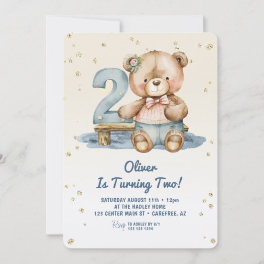 Niedlicher Teddy Bär 2. Geburtstag Einladung (Vorderseite)