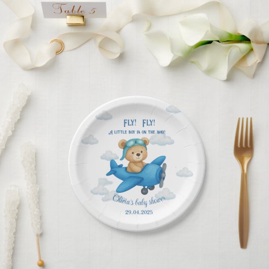 Niedlicher Teddy-Bär auf Airplane-Baby-Dusche | Pappteller (Hochzeit)