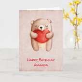 Niedlicher Teddy Bär, der ein Rotes Herz zum Gebur Karte (Gelbe Blume)