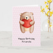 Niedlicher Teddy Bär, der ein Rotes Herz zum Gebur Karte (Gelbe Blume)