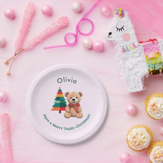 Niedlicher Teddy Bär Frohe Weihnachten Rosa Feiert Pappteller (Party)