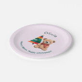 Niedlicher Teddy Bär Frohe Weihnachten Rosa Feiert Pappteller (Schrägansicht)