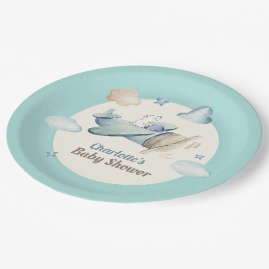 Niedlicher Teddy-Bär in Airplane-Baby-Dusche Pappteller (Schrägansicht)