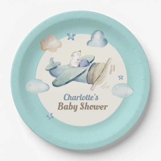 Niedlicher Teddy-Bär in Airplane-Baby-Dusche Pappteller (Vorderseite)