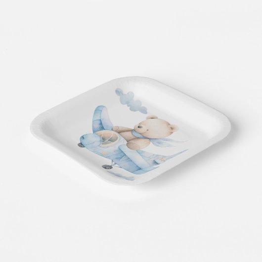 Niedlicher Teddy Bär in blauem Flugzeug Papierplat Pappteller (Gewinkelt)