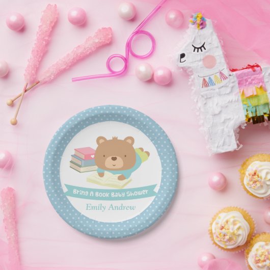 Niedlicher Teddy-Bär mit Bücherdusche Pappteller (Party)