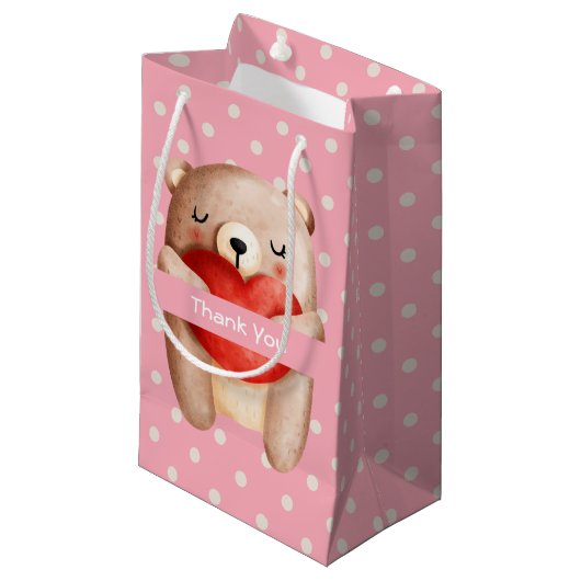 Niedlicher Teddy Bär mit einem roten Herz Danke Kleine Geschenktüte (Vorderseite Schrägansicht)