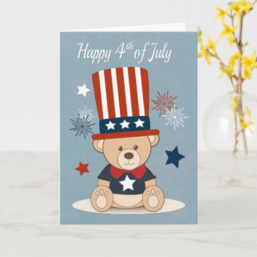 Niedlicher Teddy Bär mit Feuerwerken für 4. Juli Karte (Gelbe Blume)