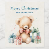 Niedlicher Teddy Bär mit Geschenken Frohe Weihnach Weinetikett (Einzelnes Label)