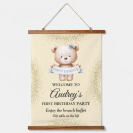 Niedlicher Teddy Bär mit Happy Brithday Wandteppich Mit Holzrahmen