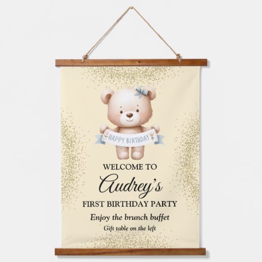 Niedlicher Teddy Bär mit Happy Brithday Wandteppich Mit Holzrahmen (Vorderseite)