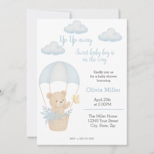Niedlicher Teddy Bär mit Parachute Baby Dusche Einladung (Vorderseite)