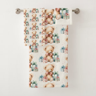 Niedlicher Teddy Bär mit Weihnachtsgeschenk Muster Badhandtuch Set
