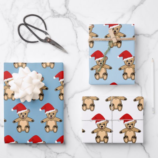 Niedlicher Teddy Bär mit Weihnachtsmannmütze Blue  Geschenkpapier Set (Vorderseite)
