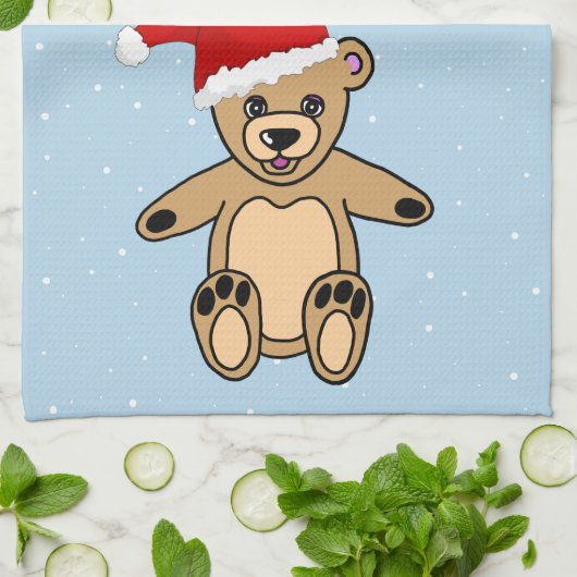 Niedlicher Teddy Bär mit Weihnachtsmannmütze Blue Geschirrtuch (Gefaltet)