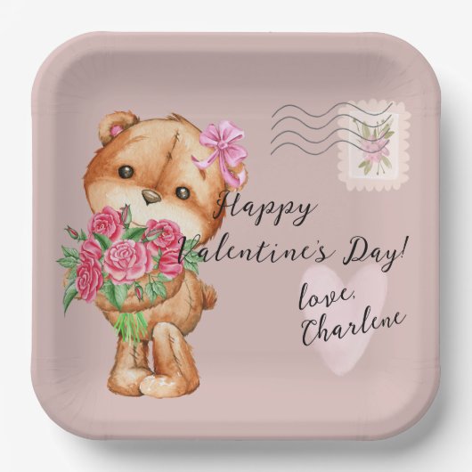 Niedlicher Teddy Bär Postbrief Valentinstag Pappteller (Vorderseite)