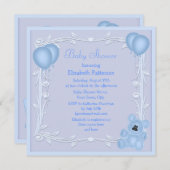 Niedlicher Teddy-Bär u. Ballon-blaues Baby-Dusche Einladung (Vorne/Hinten)