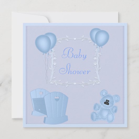 Niedlicher Teddy-Bär u. Ballon-blaues Baby-Dusche Einladung (Rückseite)