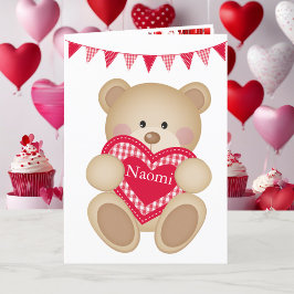 Niedlicher Teddy Bär w Red Heart Name Feiertagskarte