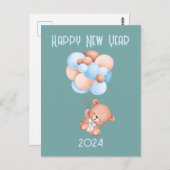 Niedlicher Teddy Bären Ballon Neujahr Graugrün Postkarte (Vorne/Hinten)
