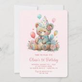 Niedlicher Teddy Bären Balloons Rosa 1. Geburtstag Einladung (Vorderseite)