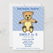Niedlicher Teddy Bear Blue Polka Dot Kid`s Geburts Einladung (Vorderseite)