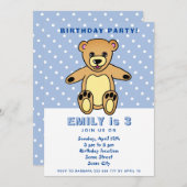 Niedlicher Teddy Bear Blue Polka Dot Kid`s Geburts Einladung (Vorne/Hinten)
