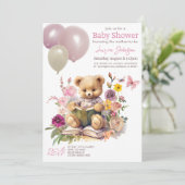 Niedlicher Teddy Bear Floral Pink Balloons Babydus Einladung (Stehend Vorderseite)