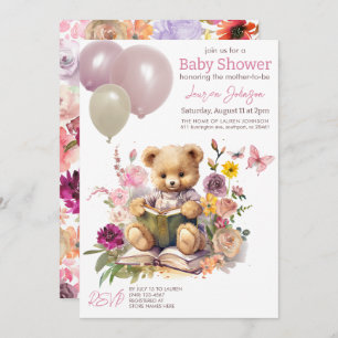 Niedlicher Teddy Bear Floral Pink Balloons Babydus Einladung