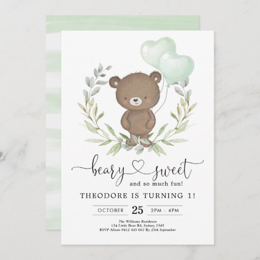 Niedlicher Teddy Bear Geburtstag Boy Greenery Ball Einladung (Vorne/Hinten)