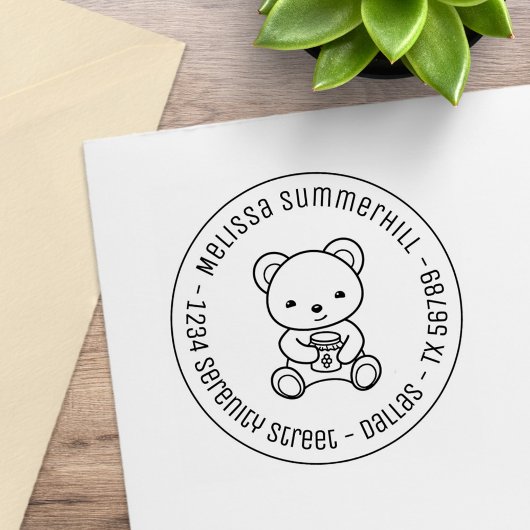 Niedlicher Teddy Bear mit Honey Jar Round Address Gummistempel