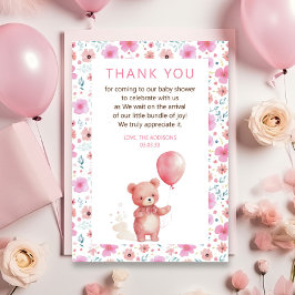 Niedlicher Teddy Bear Pink Balloon Girl Babydusche Dankeskarte