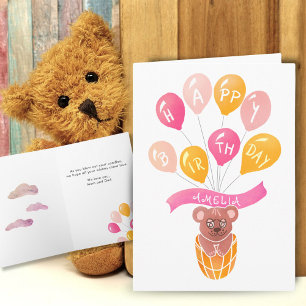 Niedlicher Teddy Bear Pink Balloons Girl Geburtsta Karte