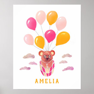 Niedlicher Teddy Bear Pink Balloons Kid Name Poste Poster
