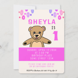 Niedlicher Teddy Bear Pink Girl 1. Geburtstag Part Einladung