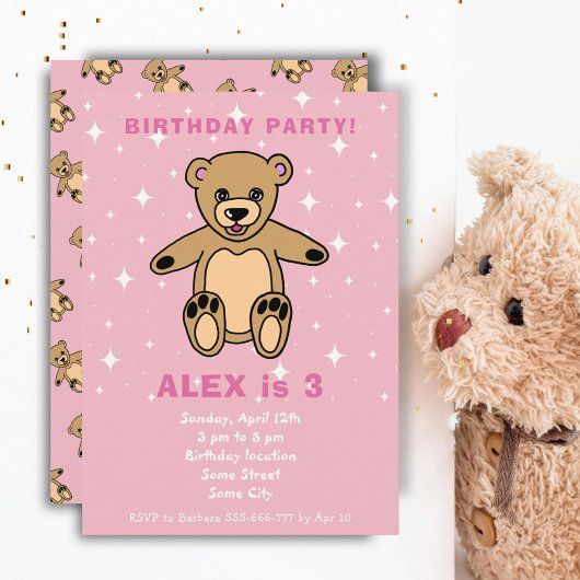 Niedlicher Teddy Bear Pink Girl Geburtstag Einladung