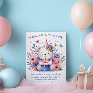 Niedlicher Teddybär 1. Geburtstag Einladung