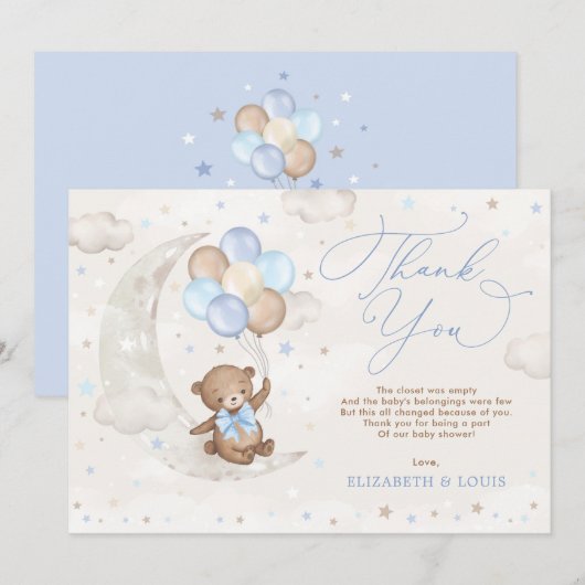 Niedlicher Teddybär auf dem Mond mit blaubraunen B Dankeskarte (Vorne/Hinten)