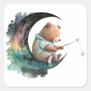 Niedlicher Teddybär auf dem Mond, Plush-Cartoon-Bä Quadratischer Aufkleber
